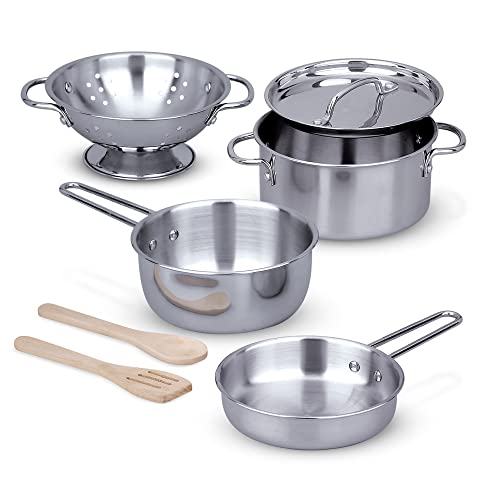 Pretend Play Stainless Steel Pots and Pans (8 Pieces), Ages 3+