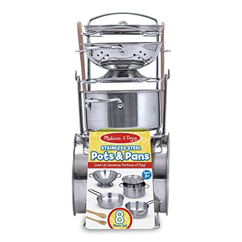 Pretend Play Stainless Steel Pots and Pans (8 Pieces), Ages 3+