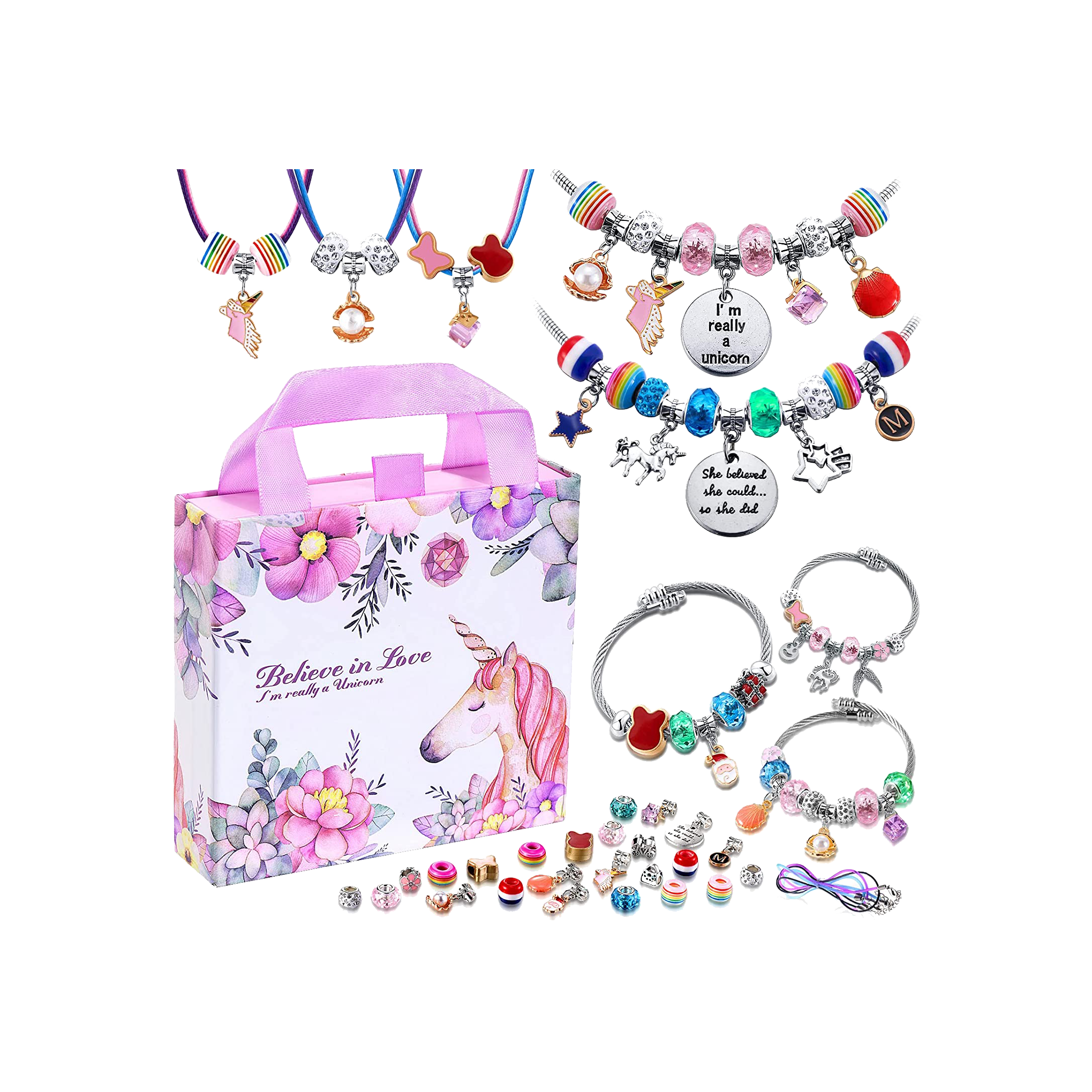 Flasoo Charm Bracelet Making Kit, 66Pcs Charm Beads Bracelet Jewelry Making  Crafts Kit