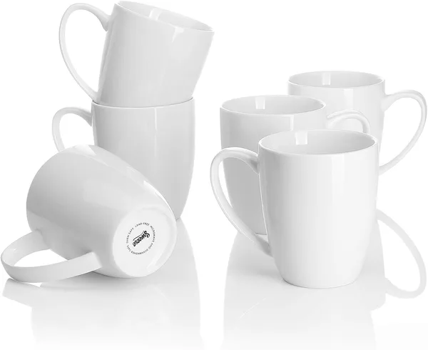 White Porcelain Coffee Mugs, Set of Six